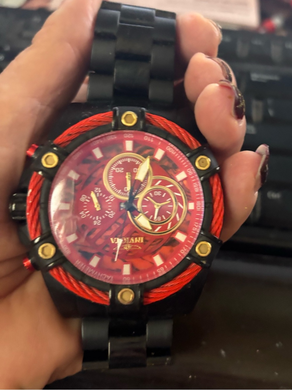 Invicta Bolt Limited Red Dial Men's Watch with Black Bracelet and Gold Accents
